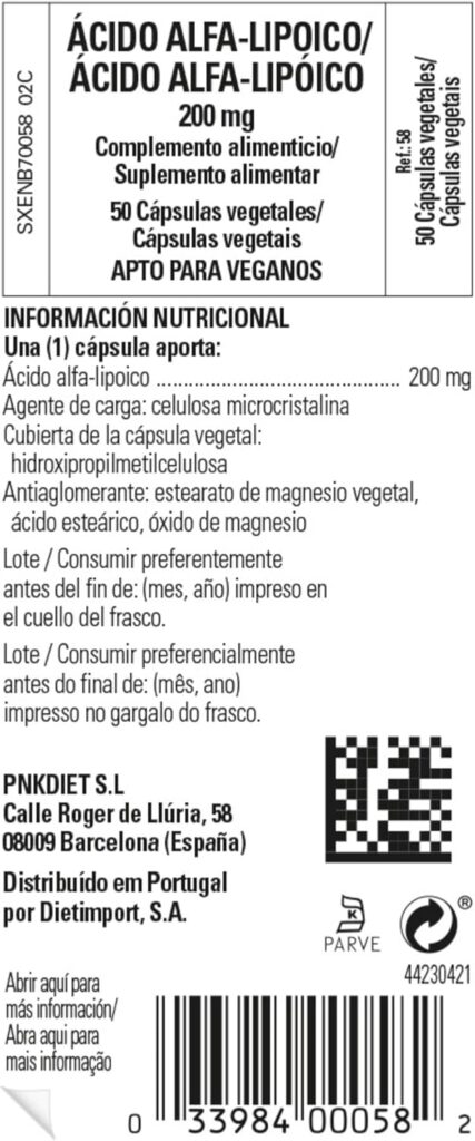 Ácido alfa lipoico Solgar 200mg información nutricional